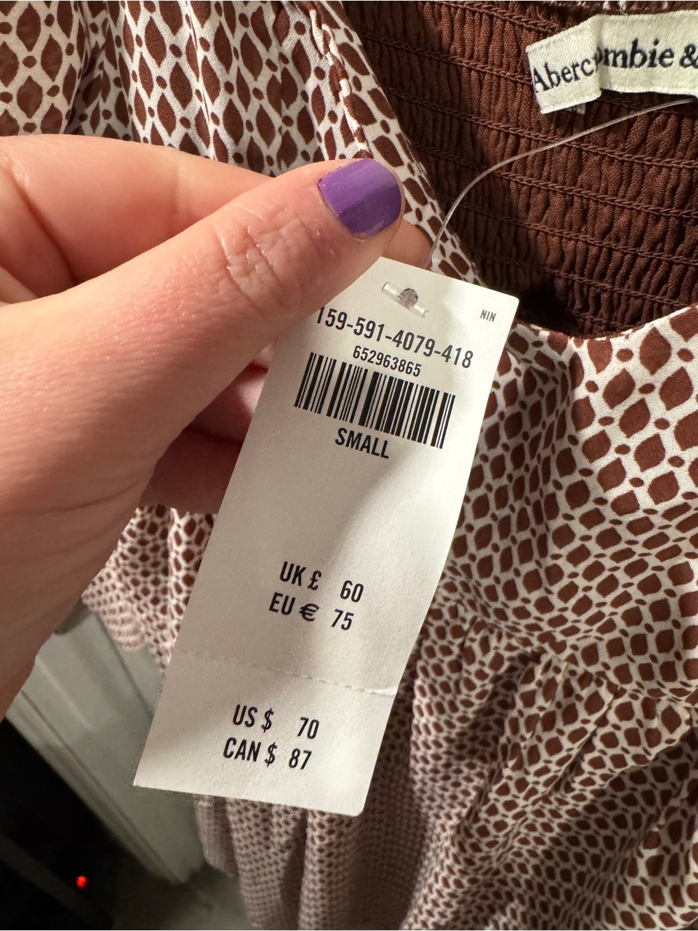 Abercrombie & Fitch Brown/White Printed Long Sleeve Smocked Mini Dress - Picture 4 of 6